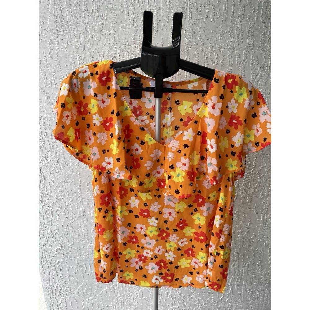 Emily Wonder Orange Floral Ruffle V-Neck Blouse Short Flutter Sleeve Top Size M